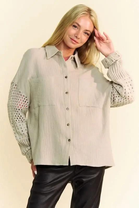 Davi & Dani Crochet Sleeve Crinkled Texture Shirt - Love Salve